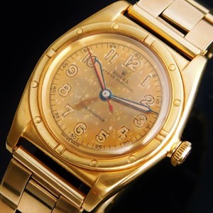 ★★★ ROLEX ★★★ All 18K Solid Gold “Tropical Dial” W/Extension Rivet Bracelet In 1953☆激激希少18金無垢☆1945年頃製造☆ニーディッドベゼル★ロレックス バブルバック Ref.3372★純正18金無垢3連エクステンションリベット