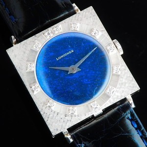 ★★★ LONGINES ★★★ 18K Solid Gold Square Patern Finished “LAPIS WATCH ” Diamonds hour makers★極上美品☆幸運石純正ラピスラズリダイアル★ロンジン スクエアーRef.6055★14金無垢ホワイトゴールド 純正ブリリアンカットダイヤ名機C428