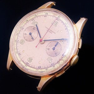 ★★★ CHRONOGRAPHE SUISSE ★★★ 18K Solid Gold “ANTIMAGNATIC” 37mm Over Big Round☆希少18金無垢ローズゴールド36MMオーバー★クロノグラフ スイス★キャリバー51ランデロン☆1940年代ビンテージ