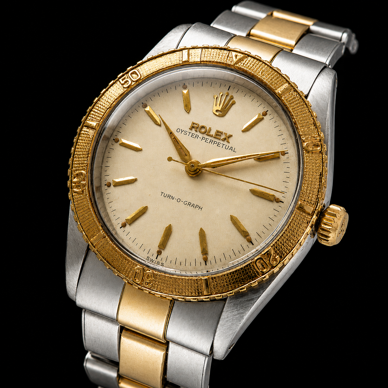 Rolex OysterR Perpetual ” TURN-0-GRAPH ” Ref.6202 Cal.645 18K intricate Crosss-pattern & Hour Markers engraving w.expandable bracelet Ref.6636 / オイスターパーペチュアル回転ベゼル”ターノグラフ” 18金無垢クロス柄時間スケール彫金ベゼル 6636 エクステンションブレスのサムネイル