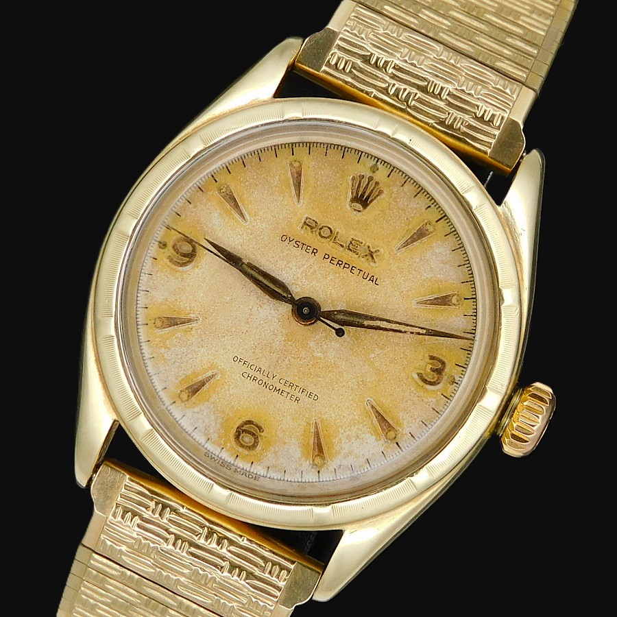 10金無垢シャンパーンゴールド彫金ベゼル★ロレックス オイスターパーペチュアル セミバブルバック Ref.6085★Cal.645☆1953年製造のサムネイル