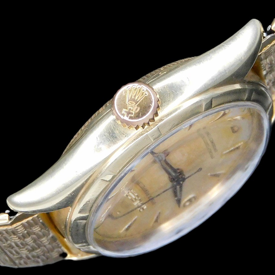 10金無垢シャンパーンゴールド彫金ベゼル★ロレックス オイスターパーペチュアル セミバブルバック Ref.6085★Cal.645☆1953年製造のサムネイル