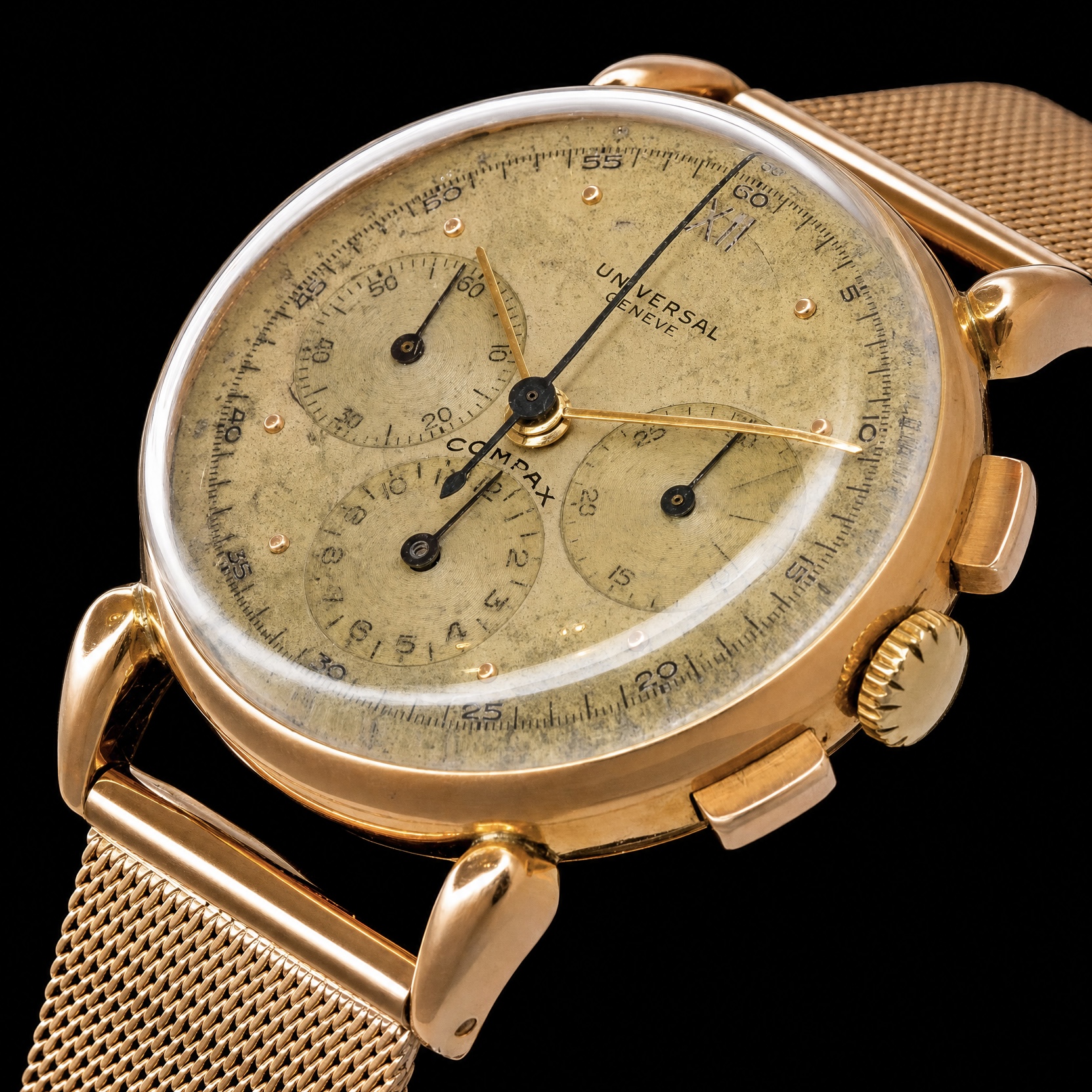 UNIVERSAL GENEVE 18K Solid Red Gold ” COMPAX” Big Horn Lug Ref.12247 Ca.283 ユニバーサルジュネーブ コンパックス Ref.12247 Cal.283 12時間積算計クロノグラフCal.283のサムネイル