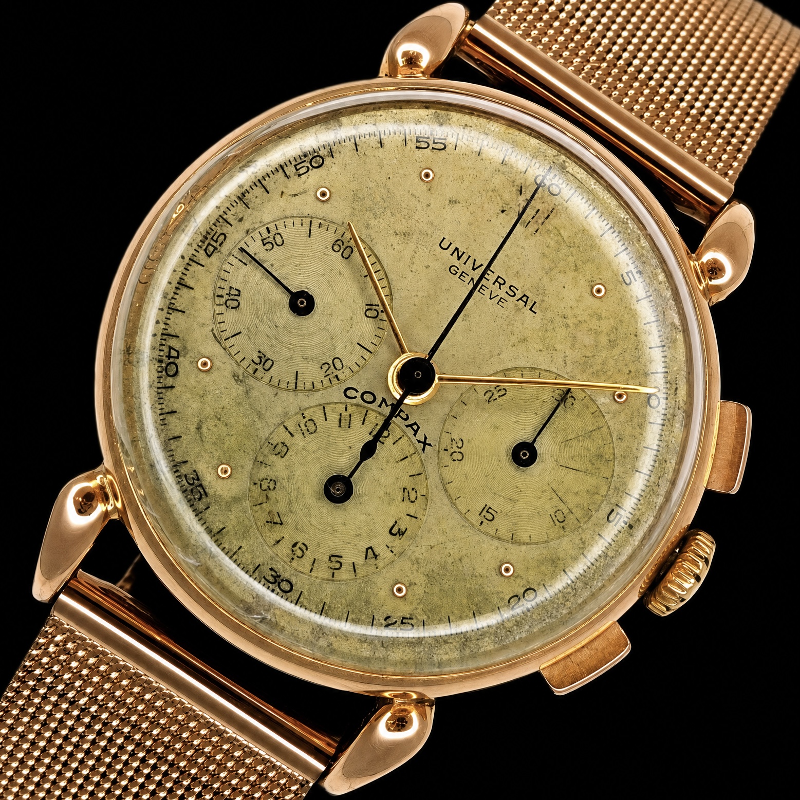 UNIVERSAL GENEVE 18K Solid Red Gold ” COMPAX” Big Horn Lug Ref.12247 Ca.283 ユニバーサルジュネーブ コンパックス Ref.12247 Cal.283 12時間積算計クロノグラフCal.283のサムネイル