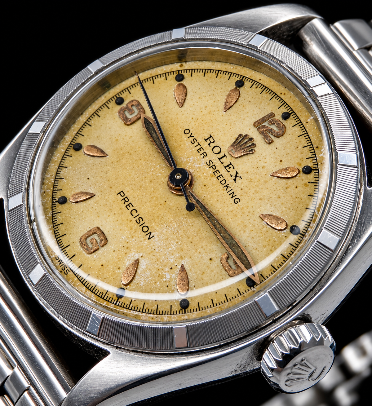 Rolex “OYSTER SPEEDKING” Ref.6221 Cal.710 Super Balance 3,6,9 Explorer Dial Stainless Steel 12 hours Scale 1954’s / ステンレススティール 12時間スケール彫金ベゼル “オイスタースピードキング” エクスプローラー文字盤のサムネイル