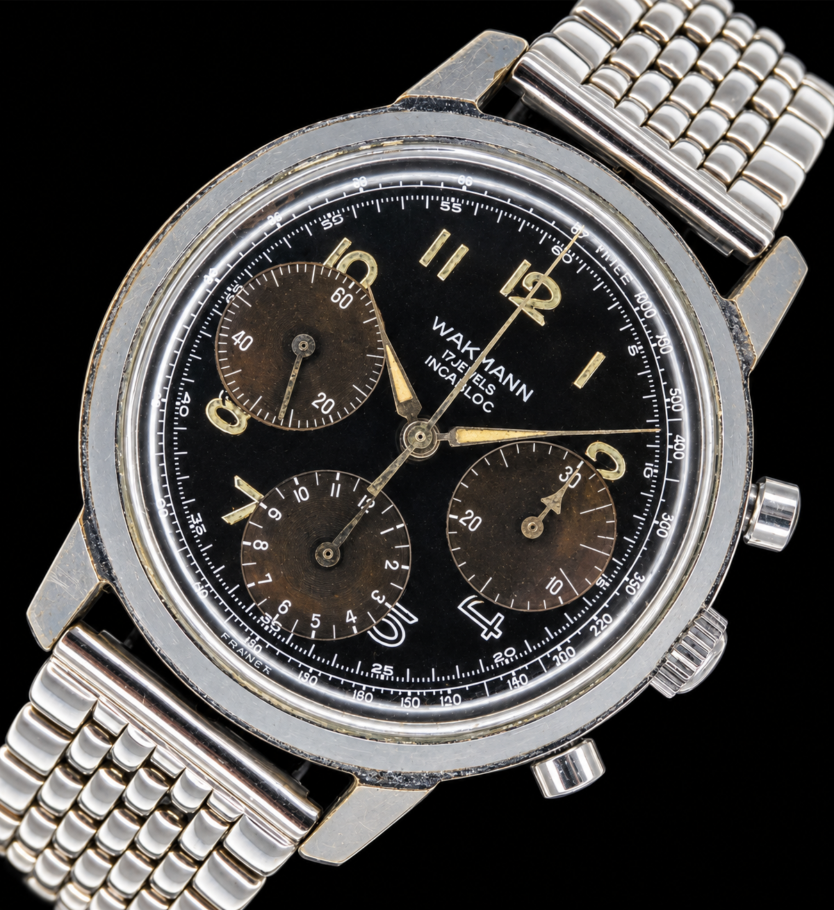 Wakmann Watch Co Venus Cal.178 Chronograph Made in France 37mm Chrome-plated case / ワックマン クロノグラフ ヴィーナス178キャリバー 希少フランス製 37mmオーバー クロムメッキのサムネイル