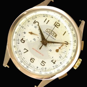 38mm18金無垢ピンクゴールド★シルバー/silverアンティマグネティック 耐磁クロノグラフ★ランデロンCal.48カム式クロノグラフ1950年代製造