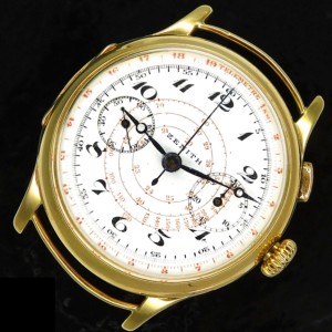 幻1920-30年代製造☆ポーセリング文字盤☆38mm18金無垢ハンターケース★ゼニス ワンプッシュクロノグラフ★名機バルジュGHT(22キャリ)