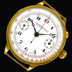伝説1919年ファーストモデル☆ポーセリング陶器文字盤☆40mm18金無垢★エベラール ワンプッシュクロノグラフ★名機バルジュGHT(22キャリ)